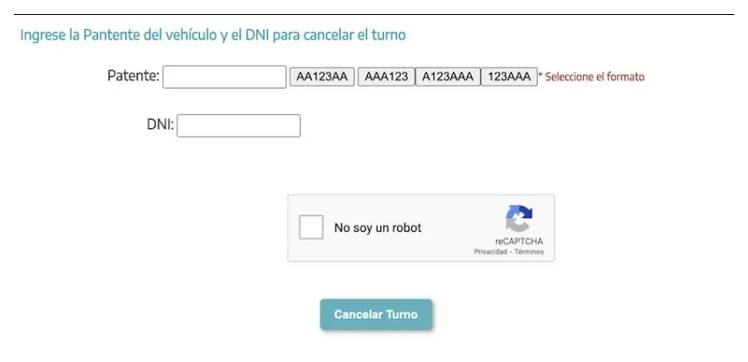 Pantalla para cancelar el turno de la VTV en Villa Lynch con patente y DNI